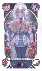  2girls 4boys adapted_costume art_nouveau belt black_pantyhose capelet commentary corrupted_twitter_file eisen_(sousou_no_frieren) elf fantasy fern_(sousou_no_frieren) hannahartwork heiter highres himmel_(sousou_no_frieren) holding holding_staff looking_at_viewer mage_staff multiple_boys multiple_girls pantyhose pointy_ears purple_hair red_hair short_hair sitting sousou_no_frieren staff standing stark_(sousou_no_frieren) twintails white_capelet white_hair 