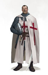  1boy armor aventail belt belt_buckle black_boots black_hair boots brown_belt brown_gloves buckle cape chainmail cross cross_print dongho_kang facial_hair full_body gloves gradient_background hauberk helmet highres holding holding_sword holding_unworn_helmet holding_weapon knight lips long_sleeves looking_at_viewer male_focus manly medieval mustache_stubble nose original parted_lips realistic scar scar_across_eye scar_on_face shadow short_hair simple_background solo standing stubble sword tabard templar third-party_source unworn_headwear unworn_helmet very_short_hair weapon white_background white_cape white_tabard 