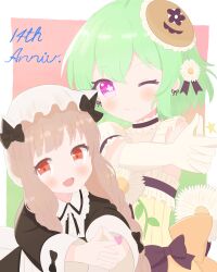  2girls anniversary black_bow blush bow braid closed_mouth commentary_request double_finger_gun dress elbow_gloves finger_gun floral_print flower flower-shaped_pupils frilled_dress frills gloves green_hair hair_flower hair_ornament highres leaf long_hair looking_at_viewer magical_daisy magical_girl mahou_shoujo_ikusei_keikaku mahou_shoujo_ikusei_keikaku_restart maid multiple_girls nokko-chan one_eye_closed open_mouth red_eyes short_hair smile symbol-shaped_pupils teepa twin_braids violet_eyes white_flower white_gloves 
