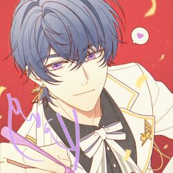  1boy black_shirt blue_hair bow closed_mouth collared_shirt dress_shirt hair_between_eyes heart highres holding holding_pen jacket jiukuzi18797 male_focus marius_von_hagen_(tears_of_themis) pen red_background shirt smile solo spoken_heart tears_of_themis upper_body violet_eyes white_bow white_jacket 