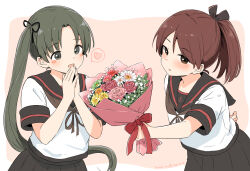  2girls ayanami_(kancolle) ayanami_kai_ni_(kancolle) black_ribbon black_sailor_collar black_skirt bouquet brown_eyes brown_hair brown_sailor_collar commentary_request flower green_eyes green_flower green_hair hair_ribbon heart holding holding_bouquet kantai_collection long_hair mochisaka_mitsuki multiple_girls pink_flower pink_rose pleated_skirt ponytail red_flower red_rose ribbon rose sailor_collar school_uniform serafuku shikinami_(kancolle) shikinami_kai_ni_(kancolle) short_sleeves siblings side_ponytail sisters skirt speech_bubble spoken_heart very_long_hair white_flower yellow_flower 