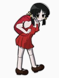  1girl ascot backpack bag black_hair brown_shoes buttons chiori_(_chio_ri) closed_mouth collared_shirt commentary_request dress expressionless hair_bobbles hair_ornament highres jitome kaai_yuki looking_at_viewer pinafore_dress randoseru red_ascot red_bag red_dress shirt shoes short_sleeves short_twintails signature simple_background sleeveless sleeveless_dress socks twintails vocaloid white_background white_shirt white_socks yellow_eyes 