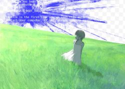  1girl arms_behind_back bare_shoulders black_eyes blue_screen_of_death brown_hair checkered_background chemise closed_mouth collarbone commentary dress english_commentary error_message expressionless fake_transparency field flat_chest grass hair_ornament highres iwakura_lain knowthisdream looking_back outdoors serial_experiments_lain short_hair single_sidelock sky sleeveless sleeveless_dress solo spaghetti_strap sundress weirdcore white_chemise white_dress wide_shot x_hair_ornament 