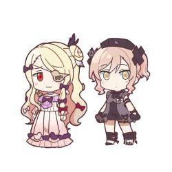  2girls bang_dream! blonde_hair bow chibi chibi_only closed_mouth dress dxqkkkk eyepatch frilled_dress frills ganso!_bang_dream_chan gloves hair_bow hair_ornament hat high_heels long_hair magical_girl mahou_shoujo_ikusei_keikaku mahou_shoujo_ikusei_keikaku_restart multiple_girls name_tag nurse_cap parody pfle pink_bow purple_bow red_eyes shadowgale short_twintails smile style_parody twintails x_hair_ornament yellow_eyes 