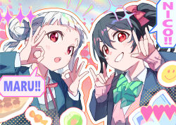  2girls \m/ absurdres arashi_chisato black_hair blazer blue_jacket blush bow bowtie cardigan cardigan_under_jacket collared_shirt commentary_request diagonal-striped_bow diagonal-striped_bowtie diagonal-striped_clothes double_\m/ double_bun double_ok_sign dress green_bow green_bowtie grey_dress grin hair_bun highres in-franchise_crossover inazuma_(elect_line) jacket looking_at_viewer love_live! love_live!_school_idol_project love_live!_superstar!! multiple_girls neck_ribbon ok_sign open_clothes open_jacket open_mouth otonokizaka_school_uniform outline pinafore_dress pink_cardigan red_eyes red_ribbon ribbon school_uniform shirt sleeveless sleeveless_dress smile speech_bubble striped_bow striped_bowtie striped_clothes twintails upper_body white_hair white_outline white_shirt winter_uniform yazawa_nico yuigaoka_school_uniform 