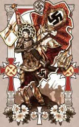  1boy adolf_hitler armor barding black_hair black_sun_(symbol) blue_eyes chainmail cross cross_print edelweiss_(flower) eschatonicism facial_hair flower gauntlets highres horse horseback_riding kingdom_of_jerusalem_flag kingdom_of_jerusalem_flag_print knight looking_to_the_side mustache nazi nazi_flag pauldrons real_life riding sabaton short_hair shoulder_armor siegrunen siegrunen_print signature ss_insignia sun surcoat swastika swastika_print teutonic_order_flag toothbrush_mustache waffen-ss white_flower white_horse world_war_ii 