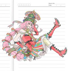  1girl ankle_bow argyle_ribbon arm_warmers bare_shoulders basket bell black_bow blunt_ends boots bow bow_button braid brown_eyes candy candy_cane chinese_commentary choker christmas christmas_ornaments christmas_star christmas_tree_hat commentary_request cross-laced_pantyhose eyelashes food full_body fur-trimmed_boots fur-trimmed_skirt fur_sleeves fur_trim green_hat hair_bow hand_on_own_head happy hat hat_ornament hat_ribbon high_heel_boots high_heels highres holding holding_basket infinity_nikki laibeibingnatie87107 long_hair looking_at_viewer medium_skirt multi-tied_hair multicolored_skirt neck_bell neck_ribbon nikki_(nikki) nikki_(series) off-shoulder_shirt off_shoulder open_mouth pantyhose pink_hair pleated_skirt red_arm_warmers red_boots red_bow red_choker red_ribbon red_shirt ribbon shirt short_sleeves single_braid single_stripe skirt smile solo star_(symbol) star_hat_ornament striped_bow striped_clothes striped_ribbon striped_skirt vertical-striped_clothes vertical-striped_skirt very_long_hair white_background white_pantyhose white_sleeves 