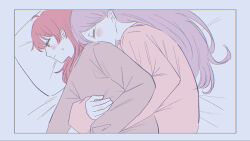  2girls bang_dream! bang_dream!_yumemita blue_background blush brown_shirt chromatic_aberration closed_eyes commentary_request cuddling highres hug hug_from_behind kibinagooisii long_hair miyanaga_nonoka miyanaga_nonoka_(real) multiple_girls pillow pink_shirt purple_hair red_hair sengoku_yuno sengoku_yuno_(real) shirt sweatdrop yuri 
