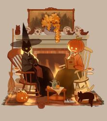  artist_name black_cat book broom cat chair commentary cup english_commentary figure fire fireplace floating floating_object furry gat_(hat) glowing glowing_eyes grey_background halloween hanbok hat holding holding_book jack-o'-lantern knitting knitting_needle korean_clothes nadia_kim needle original painting_(object) pet plant plate potted_plant pumpkin_head reading rocking_chair rug saucer sitting table teacup teapot warm_colors witch_hat yarn yarn_ball 