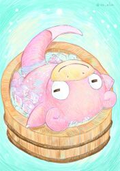  aoi_alon aqua_background closed_mouth commentary_request highres ice ice_bath in_washtub no_humans nostrils pokemon pokemon_(creature) pokemon_focus slowpoke smile solo twitter_username washtub water 