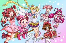  6+girls bell bishoujo_senshi_sailor_moon blonde_hair blue_sailor_collar bow broom broom_riding bubble_skirt cardcaptor_sakura character_request choker color_connection copyright_request detached_sleeves dress feathered_wings genre_connection glove_bow gloves hat heart heart_choker holding holding_wand jens_drawings kaname_madoka kaname_madoka_(magical_girl) kinomoto_sakura kinomoto_sakura_(magician) magical_girl mahou_shoujo_madoka_magica mahou_shoujo_madoka_magica_(anime) mew_ichigo momomiya_ichigo multiple_girls pink_dress pink_eyes pink_hair pink_hat pink_theme puffy_detached_sleeves puffy_sleeves red_choker sailor_collar sailor_moon sailor_senshi sailor_senshi_uniform short_twintails skirt skirt_under_dress tail tail_bell tail_bow tail_ornament tokyo_mew_mew trait_connection twintails wand white_gloves wings 
