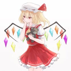  1girl ascot blonde_hair collared_shirt commentary crystal crystal_wings english_commentary flandre_scarlet frilled_shirt_collar frills hat hat_ribbon highres holding holding_stuffed_toy mob_cap multicolored_wings one_side_up red_eyes red_skirt red_vest ribbon shirt skirt skirt_set solo stuffed_animal stuffed_toy teddy_bear touhou vest wei_yan_hong_cha white_hat white_shirt wings yellow_ascot 