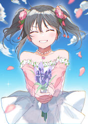  1girl :d ^_^ absurdres bare_shoulders blue_sky blush closed_eyes clouds collarbone commentary_request cowboy_shot day dress falling_petals flower grin hair_flower hair_ornament highres inazuma_(elect_line) incoming_gift lavender_(flower) love_live! love_live!_school_idol_project medium_hair off-shoulder_dress off_shoulder outdoors petals pink_flower pink_petals pink_sleeves purple_flower see-through_clothes see-through_sleeves sky smile solo twintails white_dress yazawa_nico 