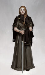  1girl belt black_cape black_nails black_scarf black_shoes bracelet brown_hair cape dongho_kang dress eyelashes fantasy fingernails full_body gradient_background green_eyes grey_background grey_belt grey_dress hair_ornament hands_on_hilt highres jewelry lips long_dress long_hair looking_at_viewer nose original planted planted_sword realistic ring scarf shoes short_sleeves simple_background single_sidelock solo standing sword third-party_source unworn_scarf weapon x_hair_ornament 
