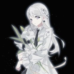  1girl bang_dream! bang_dream!_our_notes black_background black_necktie commentary dress flower hair_flower hair_ornament highres holding holding_flower logo looking_at_viewer necktie phantom5055 shiomi_hotaru solo untranslatable_commentary violet_eyes white_dress white_hair 