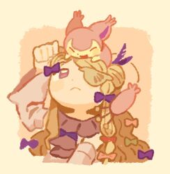  1girl blonde_hair bow cat closed_mouth commentary_request dress eyepatch frilled_dress frills hair_bow hair_ornament long_hair magical_girl mahou_shoujo_ikusei_keikaku mahou_shoujo_ikusei_keikaku_restart pfle pink_bow pokemon purple_bow skitty soleidekmo x_hair_ornament 