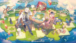  1girl 2boys beret braid chair chess_piece chinese_commentary clouds commentary_request cup from_above hat highres jacket long_hair looking_back multiple_boys nomi_tongxue original plate poker red_eyes red_hair sitting smile table teacup teapot tree water white_hair 