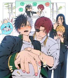  5boys ? absurdres black_hair black_nails blue_eyes chibi chinese_clothes commentary_request earrings embarrassed eyepatch height_difference highres jacket jewelry korean_commentary male_focus multiple_boys nail_polish nirei_akihiko open_clothes open_jacket red_hair sakura_haruka_(wind_breaker) shirt spoken_question_mark standing sugishita_kyoutarou suo_hayato t-shirt tangzhuang tassel tassel_earrings umemiya_hajime white_shirt wind_breaker_(nii_satoru) yellow_eyes yellow_nails yoon_(dmsco1803) 