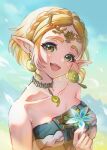  1girl absurdres bare_shoulders blonde_hair braid breasts crown_braid dress earrings flower green_eyes hair_ornament hairclip highres jewelry looking_at_viewer madopen official_alternate_costume official_alternate_hair_length official_alternate_hairstyle open_mouth parted_bangs pointy_ears princess_zelda short_hair sidelocks smile solo the_legend_of_zelda the_legend_of_zelda:_tears_of_the_kingdom white_dress 