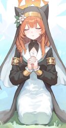 1girl absurdres animal_ear_fluff armlet black_robe black_veil blue_archive cat_girl closing_eyes coif commentary dress ears_under_headwear facing_viewer flower full_body gold_armlet grunel_(grunel_7979) halo hat hat_flower highres jewelry kneeling long_hair long_sleeves mari_(blue_archive) nun on_ground orange_hair own_hands_clasped own_hands_together parted_lips praying robe sailor_collar solo straight-on veil white_dress white_flower white_sailor_collar yellow_halo 