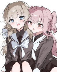  2girls blue_eyes blush brown_shirt brown_skirt commentary_request hair_intakes highres long_hair mesugakisaikou multiple_girls open_mouth original pink_hair sailor_collar school_uniform serafuku shirt simple_background skirt sweatdrop two_side_up white_background white_sailor_collar yuri 