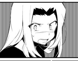  1boy anpolly commentary_request constricted_pupils curtained_hair greyscale hair_over_shoulder letterboxed long_hair looking_at_viewer male_focus monochrome night_seeker_(sekaiju) night_seeker_1_(sekaiju) open_mouth portrait sekaiju_no_meikyuu sekaiju_no_meikyuu_4 solo striped_background sweatdrop teeth upper_teeth_only v-shaped_eyebrows vertical-striped_background wide-eyed 