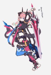  1girl aqua_hair arm_up arrow_(symbol) black_jacket black_shorts blue_eyes blue_thighhighs closed_mouth commentary_request cropped_jacket delta_(honkai_impact) erio_dazima full_body grey_background holding holding_sword holding_weapon honkai_(series) honkai_impact_3rd jacket multicolored_hair pink_hair pink_thighhighs rozaliya_olenyeva shoes shorts simple_background sketch smile solo sword thigh-highs translation_request two-tone_hair weapon white_shoes 