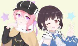  2girls black_hair blue_gem brown_cape brown_eyes cape commentary commentary_request deerstalker detached_sleeves detec_bell detective fur_cape gem grey_background hat highres lapis_lazuline magical_girl mahou_shoujo_ikusei_keikaku mahou_shoujo_ikusei_keikaku_restart multiple_girls one_eye_closed pink_hair puffy_sleeves short_hair smile star_(symbol) star_print star_symbol_background teepa v violet_eyes 