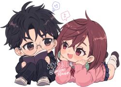  1boy 1girl ayase_momo black_hair black_jacket black_pants blue_skirt blush book bow bowtie brown_eyes brown_hair commentary_request crossed_bangs dandadan earrings elbow_rest full_body gakuran glasses gyaru hair_behind_ear hair_between_eyes hands_on_own_cheeks hands_on_own_face heart highres holding holding_book jacket jewelry kami_high_school_uniform long_sleeves looking_at_another loose_socks lying medium_hair miniskirt musical_note nandemo_unknown on_stomach open_mouth pants pink_sweater pleated_skirt red_bow red_bowtie round_eyewear school_uniform shoes short_hair simple_background sitting skirt smile socks sweater takakura_ken_(dandadan) twitter_username white_background white_shoes white_socks 