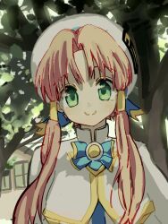  1girl abbabarri aria_(manga) aria_company_uniform beret blue_bow blue_bowtie blue_ribbon bow bowtie capelet closed_mouth commentary_request gold_trim green_eyes hair_tubes hat hat_ribbon highres looking_at_viewer mizunashi_akari parted_bangs pink_hair ribbon shadow short_hair_with_long_locks sketch smile solo upper_body white_capelet 