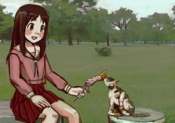  1girl azumanga_daioh azumanga_daioh's_school_uniform bandaid bandaid_on_finger bandaid_on_hand bandaid_on_knee bandaid_on_leg blue_sky blush brown_hair calico_(pattern) calico_cat commentary english_commentary food_request io_(onisarashi) kasuga_ayumu on_bench open_mouth outdoors red_skirt sailor_collar school_uniform skirt sky slice_of_life tareme trash_can tree white_sailor_collar 