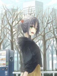  1girl :d bare_tree black_hair black_hoodie blush building casual commentary_request copyright_name day from_side green_eyes hair_between_eyes hair_ribbon hayate_no_gotoku! highres hood hood_down hoodie looking_at_viewer medium_hair nishizawa_ayumu open_mouth outdoors pleated_skirt red_ribbon reiya52 ribbon sidelocks skirt skyscraper smile solo tree twintails vending_machine winter yellow_skirt 
