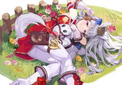  1girl absurdres animal_ears armband blunt_bangs blush boots bow breasts brown_hat creature_and_personification dress ear_bow ear_ribbon flower gloves gold_ship_(racehorse) gold_ship_(red_strife)_(umamusume) gold_ship_(umamusume) grass grey_hair grin hat highres horse_ears horse_girl horse_tail long_hair looking_at_viewer lying on_side open_mouth outdoors pantyhose personification pillbox_hat pyararara real_life red_bow red_dress sleeveless sleeveless_dress smile striped_armband striped_clothes stuffed_animal stuffed_horse stuffed_toy tail umamusume v violet_eyes white_boots white_gloves white_pantyhose 
