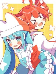 >_< 2girls :d aoiyui aqua_eyes aqua_hair aqua_jacket aqua_sweater back-to-back blush blush_stickers border double-parted_bangs drill_hair grid_background hair_behind_ear hat hat_with_ears hatsune_miku highres jacket kasane_teto multicolored_sweater multiple_girls open_mouth outside_border pppp_(vocaloid) red_hair sidelocks small_sweatdrop smile sweatdrop sweater swept_bangs twin_drills utau vocaloid white_border white_hat white_jacket xd yellow_background 