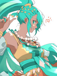  1girl absurdres aqua_eyes aqua_hair bare_shoulders bead_necklace beads commentary_request dark-skinned_female dark_skin dress esmeralda_sinza fire_emblem fire_emblem:_fortune's_weave hand_up high_ponytail highres jewelry long_hair looking_at_viewer necklace ookutsuwa_waga ponytail smile solo very_long_hair white_background 