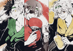  3boys beer_mug brown_eyes chinese_clothes clenched_teeth commentary_request cup earrings eyepatch freckles hand_fan heterochromia japanese_clothes jewelry male_focus mug multicolored_hair multiple_boys nirei_akihiko papiko_6262 sakura_haruka_(wind_breaker) smile split-color_hair suo_hayato tangzhuang tassel tassel_earrings teeth twitter_username wind_breaker_(nii_satoru) yellow_eyes 
