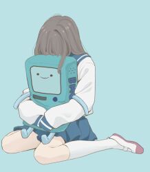  1girl adventure_time blue_background blue_skirt bmo brown_hair commentary_request holding holding_stuffed_toy long_hair long_sleeves nozawa_(nooo1709) original school_uniform serafuku shirt shoes skirt solo stuffed_toy thigh-highs white_shirt white_shoes white_thighhighs 