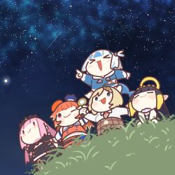  >_< 5girls :3 :d blunt_bangs chibi chibi_only closed_eyes closed_mouth commentary english_commentary gawr_gura gawr_gura_(1st_costume) grass halo holding holding_magnifying_glass hololive hololive_english index_finger_raised long_hair looking_up magnifying_glass medium_hair mori_calliope multiple_girls nature night ninomae_ina'nis one_eye_closed open_mouth outdoors sitting sitting_on_person sky smile standing star_(sky) starry_sky takanashi_kiara takeru_(hashiru11275) watson_amelia x3 xd yellow_halo 