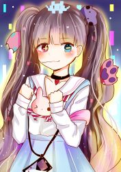  +_- absurdres aqua_skirt black_hair blush chupa_chups commentary english_commentary food_in_mouth hair_ornament heterochromia highres long_hair magical_girl mahou_shoujo_ikusei_keikaku mahou_shoujo_ikusei_keikaku_aces multicolored_hair nakano_sorami paw_hair_ornament purple_hair ria_(917_ria) sailor_collar school_uniform skirt smile suspender_skirt suspenders twintails 