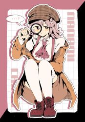  1girl ? alternate_costume arm_under_breasts ascot blunt_bangs blush_stickers boots brown_boots brown_hair brown_hat brown_jacket brown_shorts character_name closed_mouth collared_shirt commentary_request danganronpa_(series) danganronpa_2:_goodbye_despair deerstalker detective dress_shirt drop_shadow expressionless eyebrows_hidden_by_hair flipped_hair full_body hair_ornament hand_up hat highres holding holding_magnifying_glass jacket lace-up_boots long_sleeves looking_at_viewer magnifying_glass medium_hair mi_shengwu_3.2_hao nanami_chiaki open_clothes open_jacket outline outside_border pink_ascot pink_eyes plaid_hat shirt shorts simple_background solo speech_bubble spoken_question_mark squatting suspender_shorts suspenders thigh-highs twitter_username white_outline white_shirt white_thighhighs 