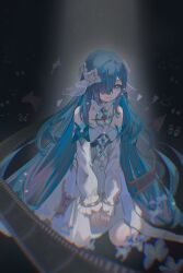 absurdres aqua_dress aqua_eyes aqua_hair aqua_sleeves black_background bracelet choker collar detached_collar detached_sleeves dress extra_faces film_strip fins flower frilled_collar frilled_wrist_cuffs frills gem genshin_impact gloom_(expression) grey_choker hair_flower hair_ornament hair_over_one_eye head_fins highres jewelry long_hair long_sleeves looking_down one_eye_covered orcalikesfish pearl pearl_hair_ornament puffy_sleeves seiza silver_bracelet sitting spotlight very_long_hair vodyanitsa_(genshin_impact) wariza white_collar white_dress white_flower white_sleeves wrist_cuffs 