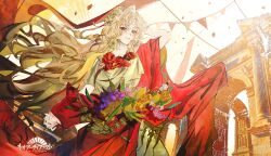  1girl absurdres arch architecture arm_behind_head blonde_hair commentary_request copyright_name flower food fruit grapes greco-roman_architecture greco-roman_clothes guest_art highres logo long_hair orange_flower pompeii_(wuhua_mixin) red_robe robe smile solo string_of_flags upper_body wuhua_mixin yellow_eyes yoshida_amelia 