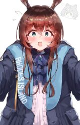  1girl absurdres amiya_(arknights) animal_ears arknights ascot black_ascot black_collar black_jacket blue_eyes brown_hair clothes_writing collar commentary_request flustered flying_sweatdrops gem hair_between_eyes highres jacket long_hair looking_at_viewer ogat_0427 open_clothes open_jacket open_mouth simple_background solo sweater twitter_username white_background white_sweater 