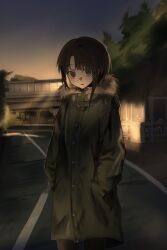  1girl asymmetrical_hair backlighting brown_eyes brown_hair buttons coat commentary cowboy_shot dusk fur_hoodie green_coat hair_ornament hand_in_pocket highres hood hood_down iwakura_lain light_blush long_coat long_sleeves looking_at_viewer parted_lips riidayo0709 serial_experiments_lain short_hair single_sidelock solo winter_clothes winter_coat x_hair_ornament 