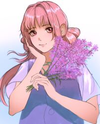  1girl bare_arms blue_background blue_vest brown_eyes buttons closed_mouth commentary dot_nose double_bun english_commentary eyelashes flower gradient_background hair_bun hair_intakes hand_on_own_cheek hand_on_own_face happy highres holding holding_flower infinity_nikki lavender_(flower) lipstick long_hair looking_at_viewer makeup nikki_(nikki) nikki_(series) pink_hair pink_lips purple_flower shirt short_sleeves simple_background smile solo the_churro twitter_username two-tone_background upper_body vest watermark wavy_hair white_background white_shirt 