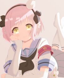  1girl absurdres armband black_hairband bud closed_mouth commentary commentary_request flower grey_background grey_skirt hair_flower hair_ornament hairband hand_on_own_face highres looking_at_viewer lying magical_girl mahou_shoujo_ikusei_keikaku mahou_shoujo_ikusei_keikaku_unmarked on_stomach pink_hair sailor_collar school_uniform short_hair skirt smile snow_white_(mahoiku) socks teepa white_flower white_socks yellow_eyes 