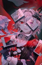  1girl black_flower black_gloves blue_eyes commentary earrings evernight_(honkai:_star_rail) evey_(honkai:_star_rail) flower gloves hair_flower hair_ornament hairclip highres holding holding_umbrella honkai:_star_rail honkai_(series) jewelry long_hair long_sleeves looking_at_viewer march_7th_(honkai:_star_rail) multicolored_eyes nanimonda open_mouth photo_(object) pink_eyes pink_hair red_background red_eyes revealing_layer simple_background smile solo two-tone_eyes umbrella upper_body 