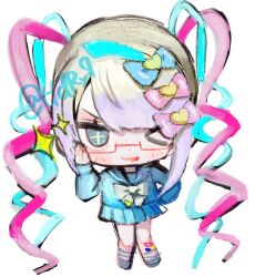 1girl artist_name blonde_hair blue_bow blue_eyes blue_serafuku blush bow chibi chibi_only chouzetsusaikawa_tenshi-chan commentary glasses hair_bow highres multicolored_hair multiple_hair_bows naishukketsukata needy_girl_overdose one_eye_closed pink_bow purple_bow quad_tails red-framed_eyewear school_uniform serafuku sidelocks solo untranslatable_commentary 
