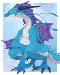  1boy absurdres artist_name black_horns blue_background blue_scales claws closed_mouth commentary_request digitigrade dragon_boy dragon_horns dragon_tail fins full_body furry furry_male highres horns looking_to_the_side male_focus mochiri_(mochiri_work) original signature simple_background solo squatting tail teeth violet_eyes webbed_hands 