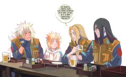  1girl 3boys black_hair blonde_hair child densetsu_no_sannin english_text facial_mark flak_jacket highres jacket jiraiya_(naruto) kokodrawings konohagakure_shinobi_uniform multiple_boys namikaze_minato naruto_(series) naruto_shippuuden orochimaru_(naruto) teacher_and_student tear_troughs tsunade_(naruto) white_hair 